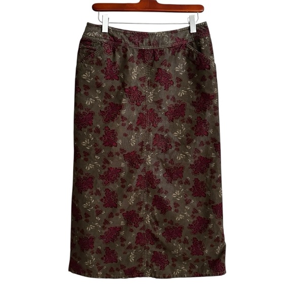 EDDIE BAUER Corduroy Dark Green Floral MIDI Skirt Granny Chic Western Retro 2 - Picture 1 of 14